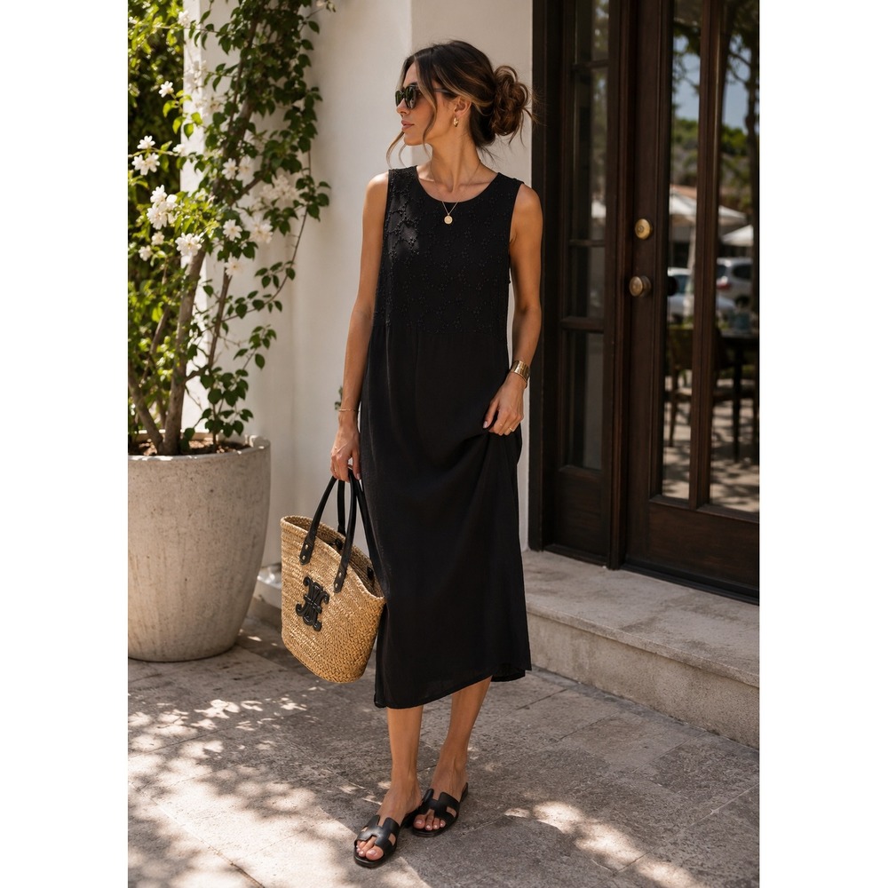 First Issue Liz Claiborne Black Embroidered Sleeveless Midi ShiftDress Womens 12